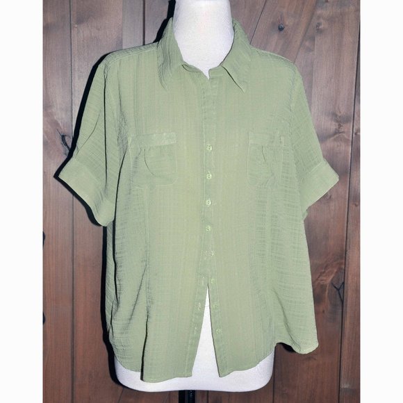 Apparenza Lime Green Silky Short Sleeve Blouse With 2 Small Front Pockets - Picture 1 of 6